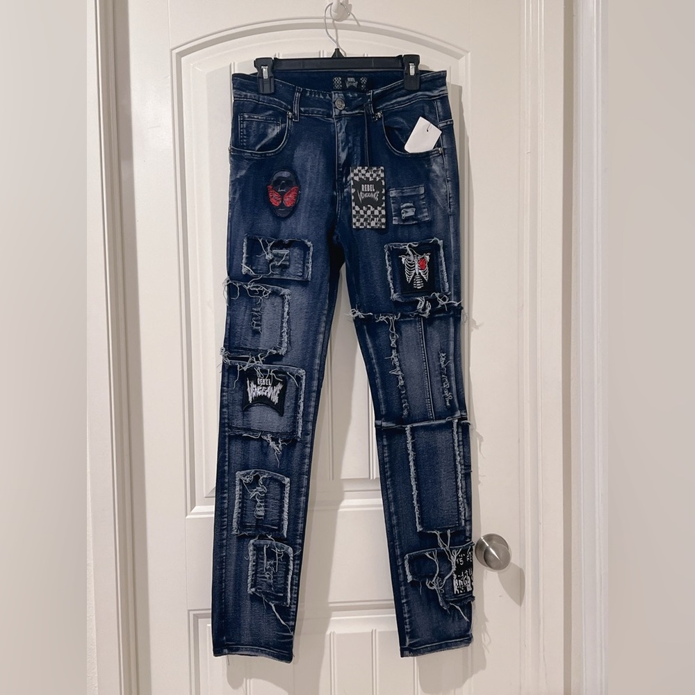 Rebel Vengeance Men Distressed Patched  Skull Jeans  Size 30